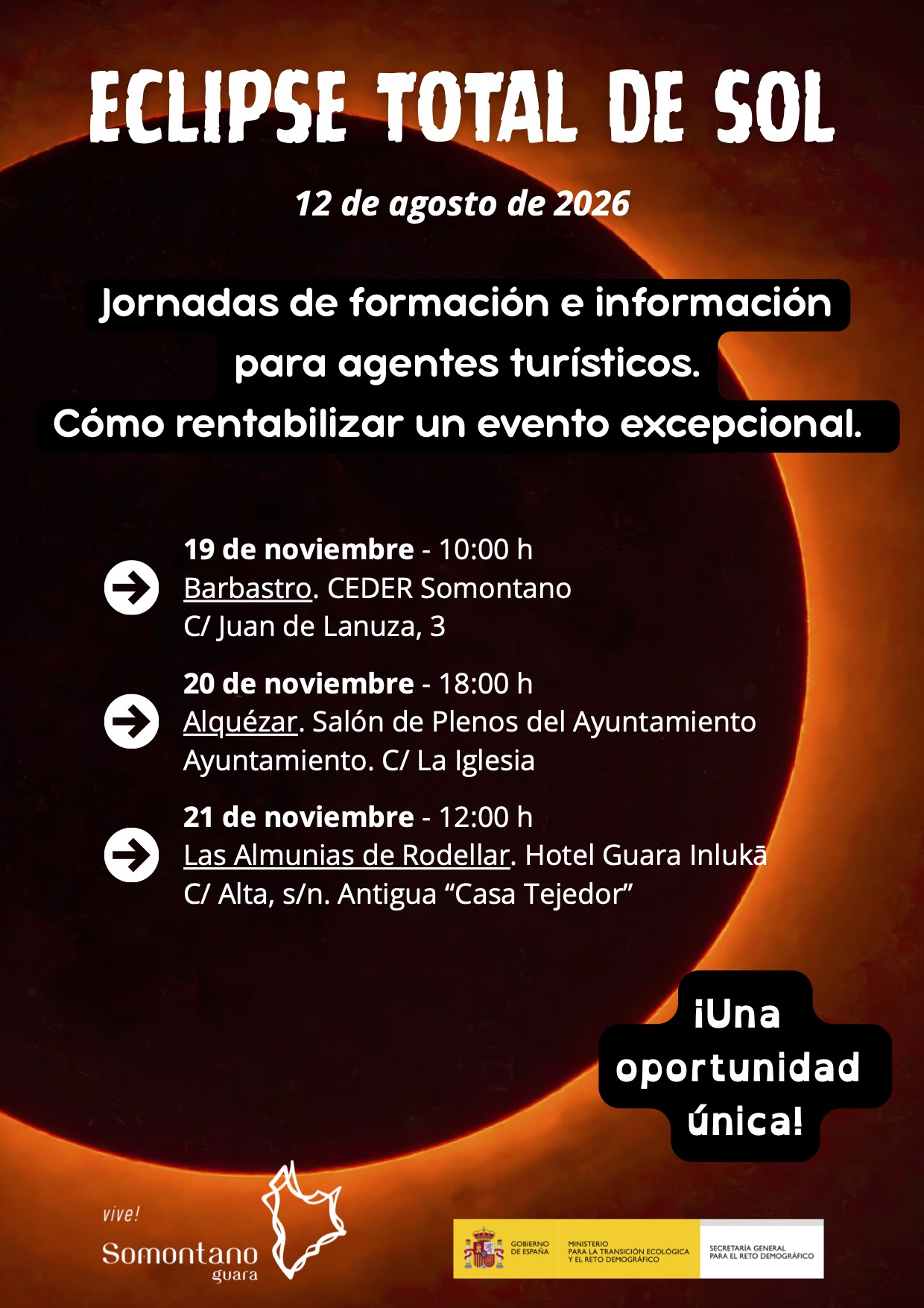 Guara Somontano organiza un ciclo de jornadas formativas  dirigido a profesionales turísticos para rentabilizar el eclipse total de Sol del 12 de agosto de 2026