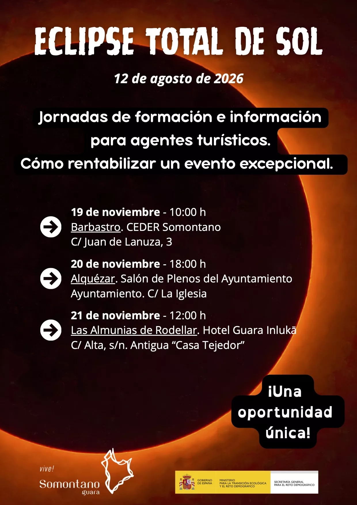 Guara Somontano organiza un ciclo de jornadas formativas  dirigido a profesionales turísticos para rentabilizar el eclipse total de Sol del 12 de agosto de 2026